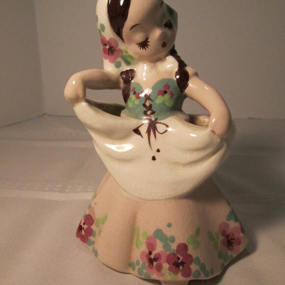 Rare Vintage DeLee California Pottery Peasant Girl Figurine Hand Painted Floral - Picture 3 of 8